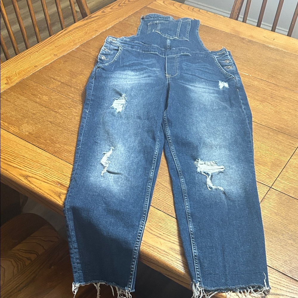 Divided Dark Blue Distressed Denim Overalls